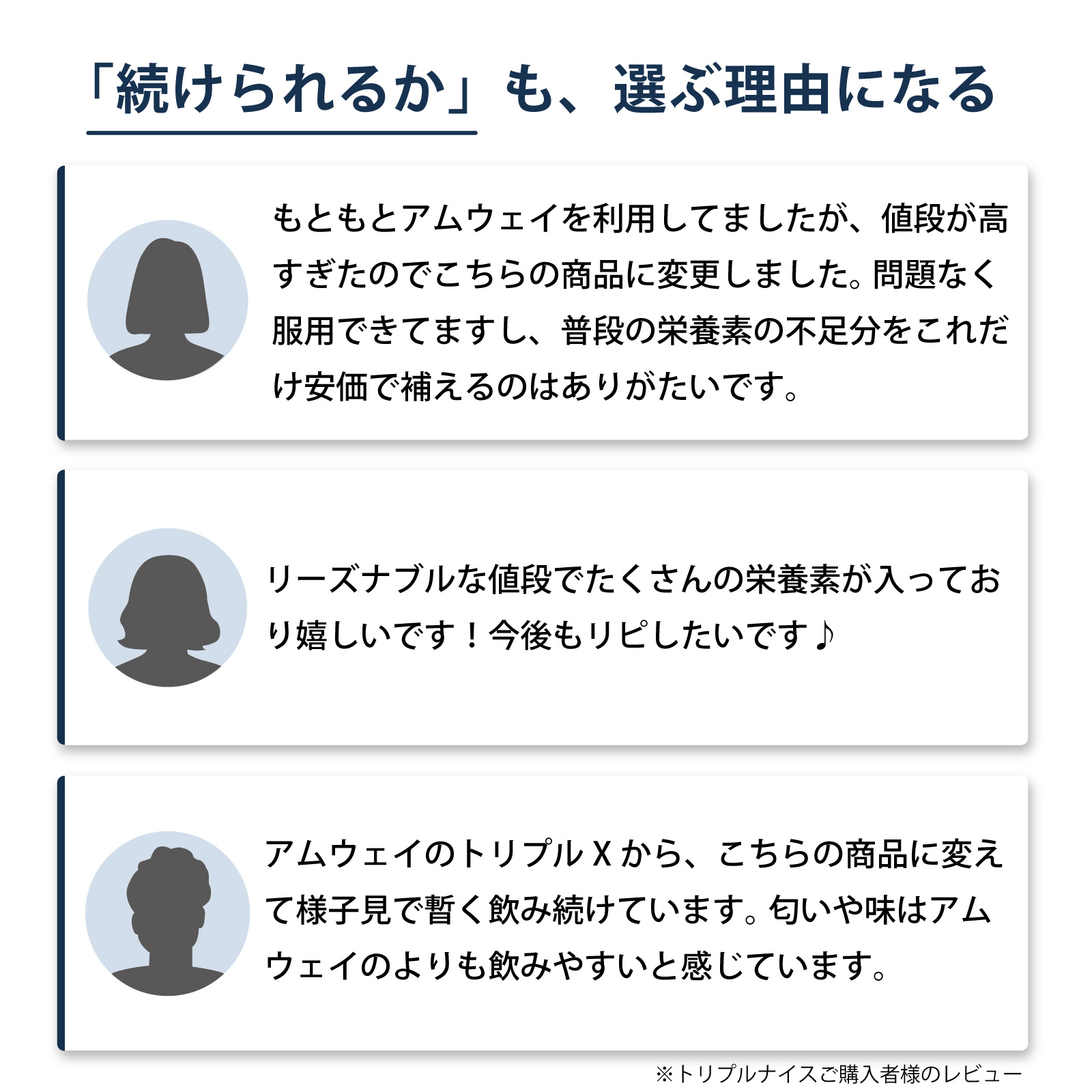 アイナチュラ社トリプルナイスをご購入いただいた方からこんなお声をいただいています