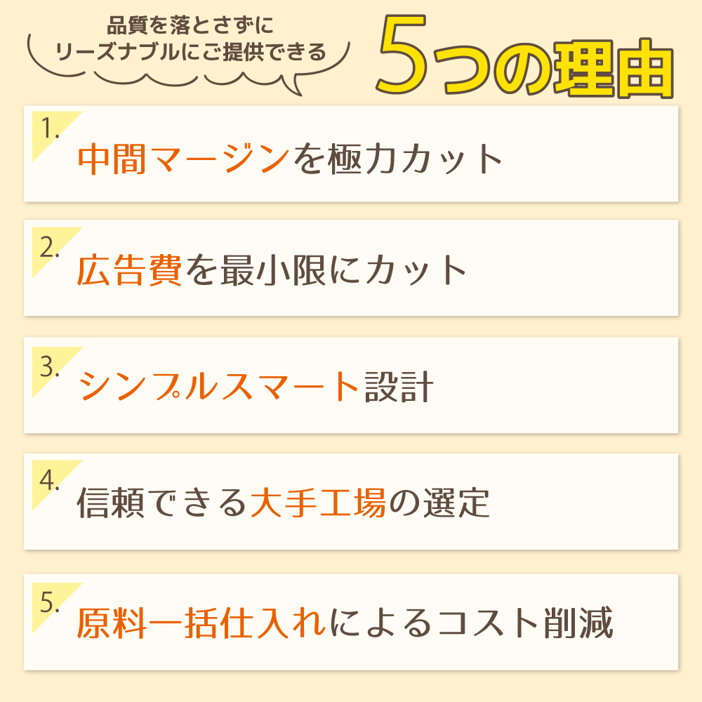 品質を落とさずにリーズナブルにご提供できる5つの理由