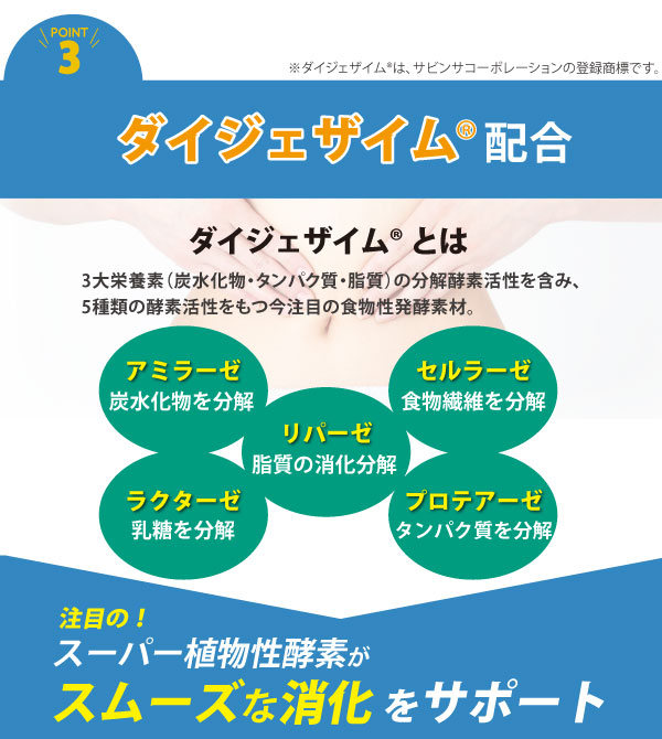 ダイジェザイム配合により、アミラーゼ、リパーゼ、セルラーゼ、ラクターゼ、プロテアーゼの5種類の酵素が炭水化物、脂質、食物繊維、乳糖、タンパク質の消化をサポートし、スムーズな消化を実現します。