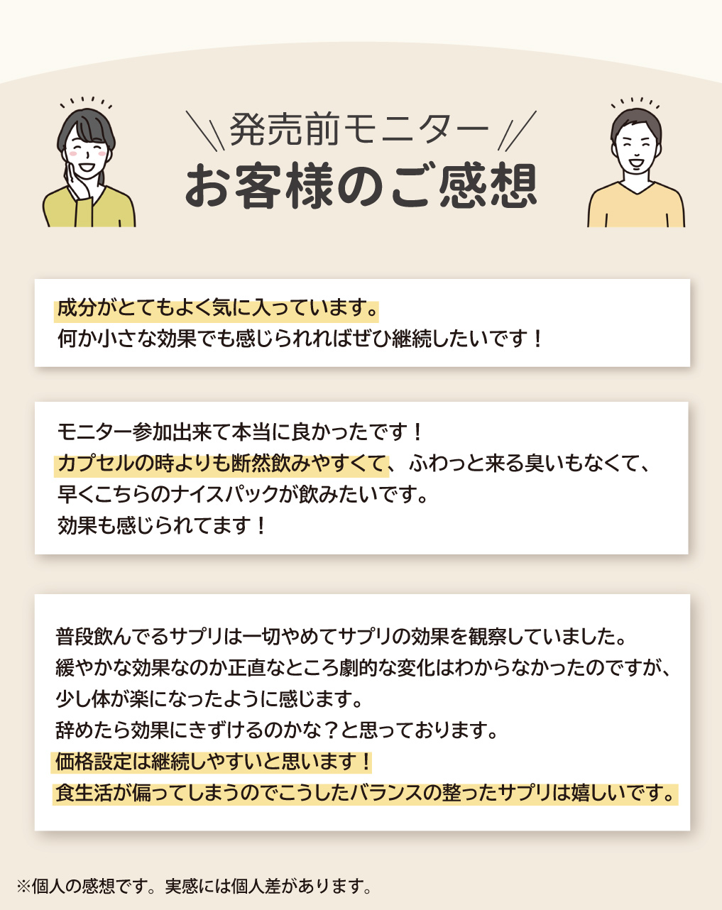 ナイスパックピコの事前モニターでいただいたお客様の感想。成分がとても良く気に入っている、カプセルよりも断然飲みやすいとの声が多数。