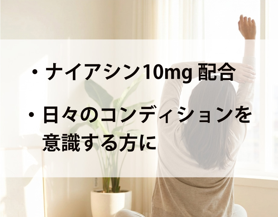 Point2ナイアシン10mg配合を示し、日々のコンディションを意識する方向けと伝えるイメージ画像