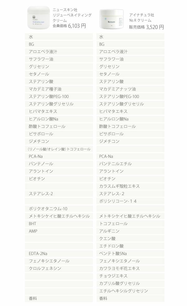 アイナチュラプレミアム　Ns Rクリーム成分表