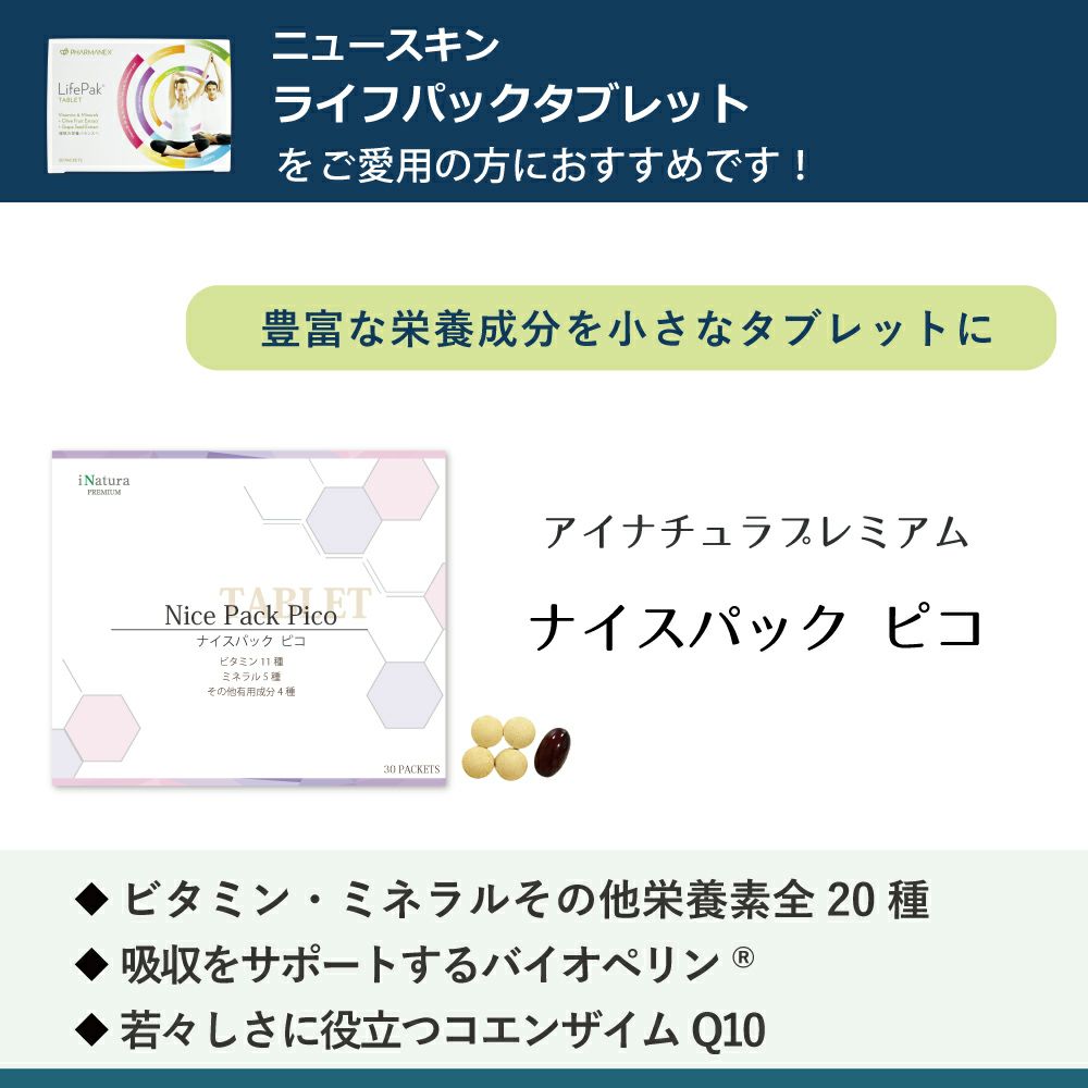 ニュースキン社ライフパックタブレットをご愛用の方におすすめアイナチュラ社ナイスパックピコ